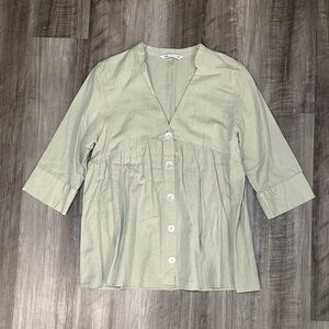 Zara Linen Blend V Neck Pleated Breasted Line Long Sleeve Top - Medium